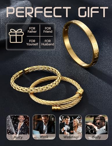 YADOCA 3 Pcs Stainless Steel Bracelets for Men Gold Silver Black Men Bracelet Adjustable Cuff Roman Numeral Bangle Bracelets Mens Luxury Bracelet Set Jewelry Gifts Trendy Gold Accessories - color: A:Gold-1