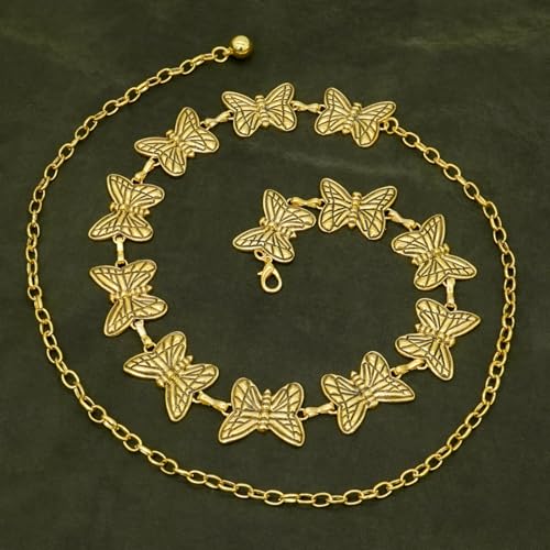Women's Western Chain Belt Boho Waist Chain Chunky Metal Belts for Dresses - color: Butterfly Gold, size: Fits Waist 26"-35"