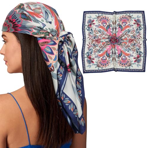 AWAYTR 35” Silk Scarf for Women Large Head Scarf Square Hair Scarf Satin Hair Bandana Printed Silk Sleeping Head Wrap - color: Flower(light Yellow)
