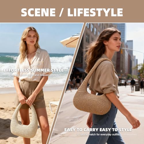 Straw Beach Bag for Women, Summer Tote Bag for Vacation, Hobo Shoulder Bag for Beach Wedding Travel - color: Beige