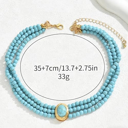 SukAmi Turquoise Choker Necklace Women 3 Layers Necklace Multi Strands Necklace 20s Turquoise Bib Pendant Necklace Choker Party Jewelry Christmas Gift 35+7cm