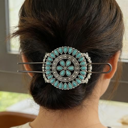 1 Pack Turquoise Flower Hair Clip Metal Hair Sticks Hair Barrettes Green Blue Stone Hairpin for Women Accessories (Blue) - color: Blue