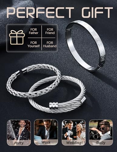 YADOCA 3 Pcs Stainless Steel Bracelets for Men Gold Silver Black Men Bracelet Adjustable Cuff Roman Numeral Bangle Bracelets Mens Luxury Bracelet Set Jewelry Gifts Trendy Gold Accessories - color: B:Silver-1