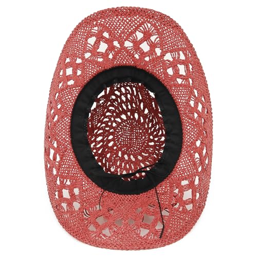 Men & Women's Summer Cowboy Cowgirl Straw Hat Hollow Out Woven Roll Up Wide Brim Sun Hat with Chin Strap - color: Red