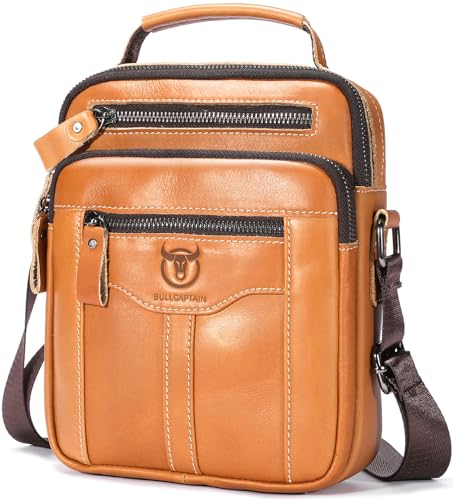 Leather Crossbody Bags for Men Casual Shoulder Bag Travel Messenger Bag Vintage Handbag Multi Pocket Satchel - color: Orange