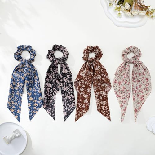 Boho Hair Scarf Scrunchies for Women Bow Hair Ties Floral Hair Scrunchies Silk Elastic Ponytail Holder Hair Accessories for Girls 4 pcs (Rose) - color: Rose