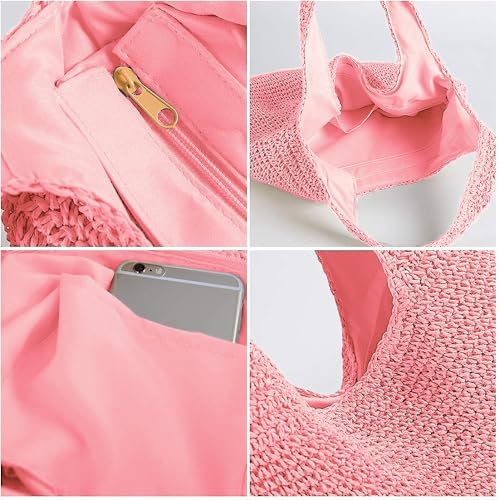 Hand-woven Soft Large Straw Shoulder Bag Boho Straw Handle Tote Retro Summer Beach Bag Rattan Handbag - color: Bright Pink