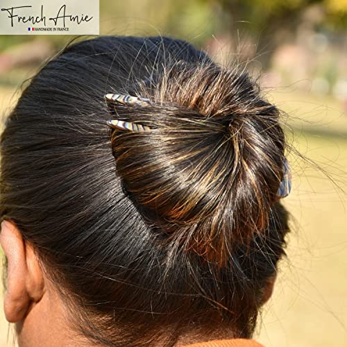French Amie Slick Silver Onyx Grey Large 4 1/4" Handmade Cellulose Acetate No Slip Grip Metal Free Chignon U Hair Pin Stick for Women and Girls, Made in France - color: Onyx Silver Grey