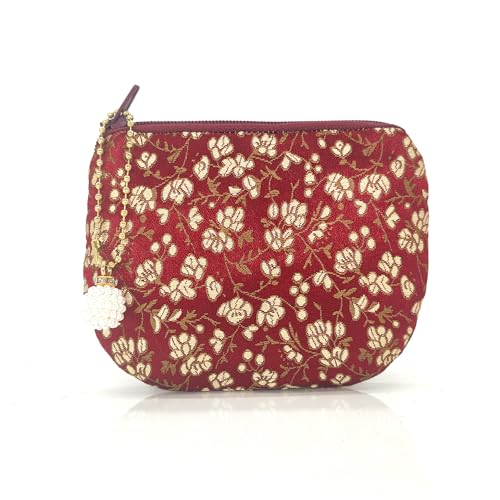 Handmade Women Coin Purse Rosary Pouch Silk Jewelry Bag Brocade Zipper Wallet -Crimson - color: Crimson