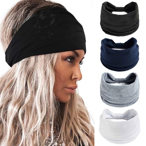 Acenail Wide Headbands Boho Floral Head Wraps Knotted Printed Turban Hairbands Non Slip Head Bands Elastic Workout Yoga Hair Scarfs Bohemian Hair Accessories for Women 4Pcs (Daily) - color: Daily