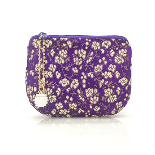 Handmade Women Coin Purse Rosary Pouch Silk Jewelry Bag Brocade Zipper Wallet - Purple - color: Purple