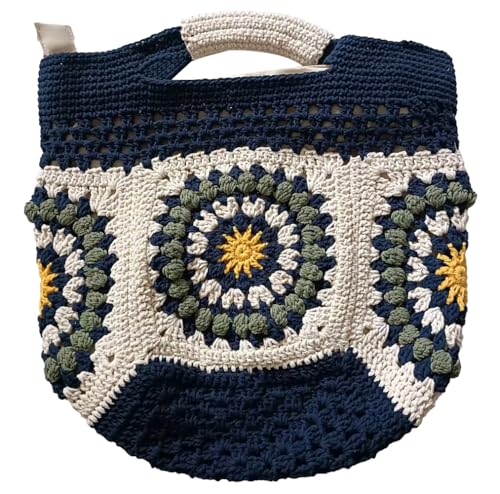 Womens Summer Boho Crochet Beach Tote Bag Handmade Woven Handbag Large Travel Vacation Shopper Straw Purse - color: Navy