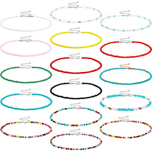 Hicarer 16 Pcs Beaded Choker Necklace Boho Women Summer Beach Colorful Jewelry Bead Seed Beads Choker for Women - style: Bead,Beaded,Beads,Bohemian,Classic