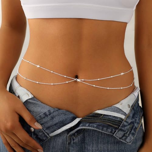 14K Gold Plated Waist Chain for Women Dainty 2Pcs Layered Belly Chain Beaded Pearl Body Chain Belt Set Waterproof Summer Beach Bikini Jewelry Accessories Adjustable Waist Beads Gift - style: Double Bead-SL