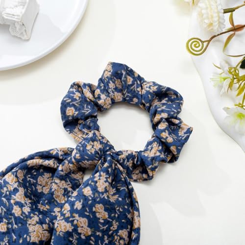 Boho Hair Scarf Scrunchies for Women Bow Hair Ties Floral Hair Scrunchies Silk Elastic Ponytail Holder Hair Accessories for Girls 4 pcs (Rose) - color: Rose