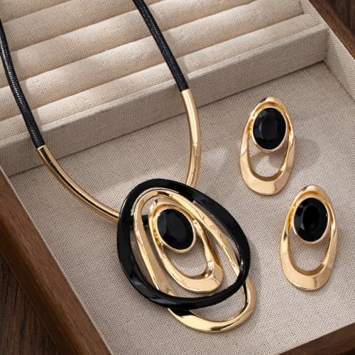 Gold Jewelry Set, Silver Black Boho Western Chunky Vintage Pendant Necklace Stack Trendy Adjustable Non Tarnish Cowgirl Dainty Hypoallergenic Earrings Jewelry Sets For Women - color: T-Gold black set