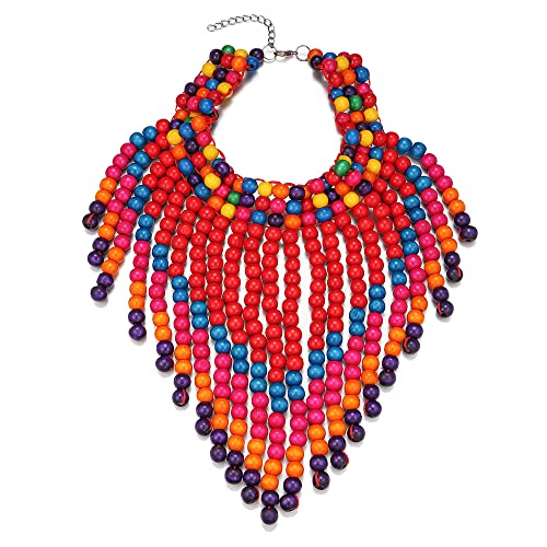 COLORFUL BLING Boho African Wooden Beaded Bib Statement Choker Necklace Long Multi Strand Chunky Layered Collar Tassel Necklace for Women Handmade Jewelry - color: red mix