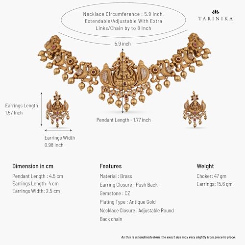 TARINIKA Brass Indian Choker Necklace Set - Gold Plated Cubic Zirconia Indian Jewelry Sets for Women Dangle, Drop, Jhumka Earrings Traditional Desi Necklace Pearls Gift for her - style: Sankha Antique
