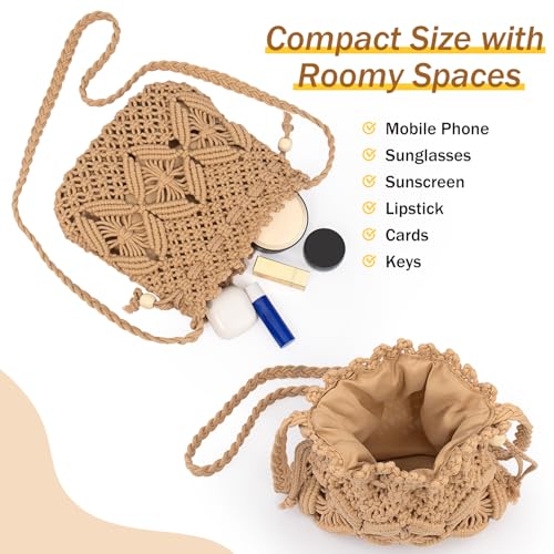 Peicees Drawstring Crochet Bag Purse- Woven Crossbody Purse For Women Summer Beach Vacation Travel Boho Shoulder Bag Small - color: Khaki