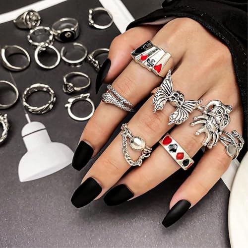 17IF 26-35 Pcs Vintage Silver Knuckle Rings Set for Women Men, Grunge Gothic Rings Chunky Aesthetic Snake Stackable Adjustable Punk Bulky Finger Alt Fairy Skull Frog Heart Star Flower Midi Ring Pack - style: 21 Red Clown