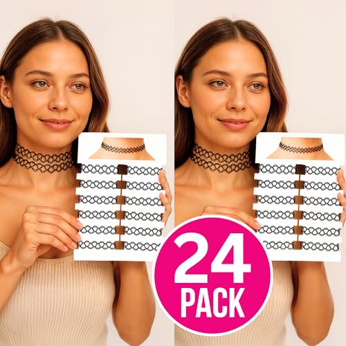 BodyJ4You 24PC Tattoo Choker Necklace - 90s Choker Necklaces Y2K Fashion Trendy Vintage - Daisy Flower Charm Colorful Rainbow Black Goth Pendant - Stretchy Elastic Necklace Summer Gift Set - color: Black