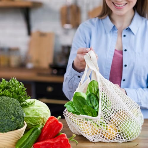 2-Pack Reusable Mesh Grocery Bags, 100% Cotton String, Long Handle Produce Bags, Fruit & Veggie Storage - color: Beige