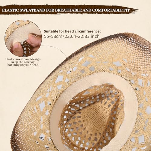 Straw Cowboy Hat for Men Womens Straw Cowgirl Hat Summer Western Cowboy Hats with Wide Brim for Cowgirls and Cowboys - color: Beige 5#