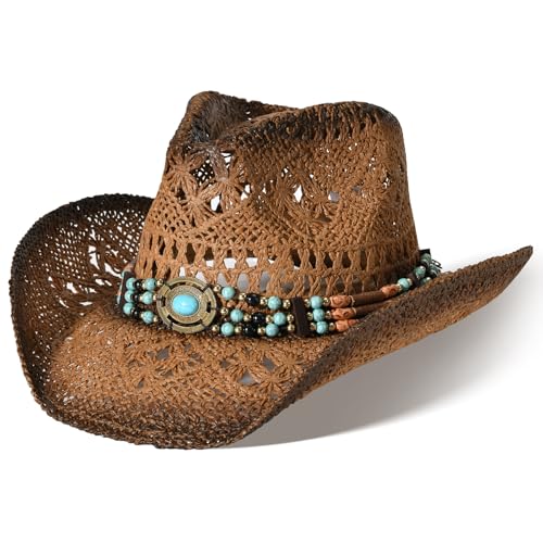 Straw Cowboy Hat for Men Womens Straw Cowgirl Hat Summer Western Cowboy Hats with Wide Brim for Cowgirls and Cowboys - color: Brown 5#