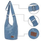 Coton Pose Women Hippie Crossbody Bag - Top Zip Large Capacity Canvas Sling Bag - Jacquard Cloth Handmade - color: Denim Blue