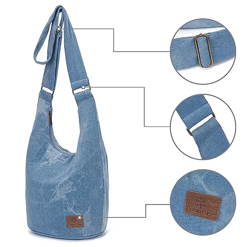 Coton Pose Women Hippie Crossbody Bag - Top Zip Large Capacity Canvas Sling Bag - Jacquard Cloth Handmade - color: Denim Blue