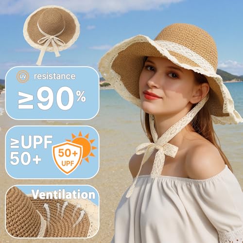 Beach Hats for Women - Beach Hat Womens UPF 50+ Lace Ribbon,Packable Sun Hat Women,Straw Hat for Women 2026 - color: Khaki