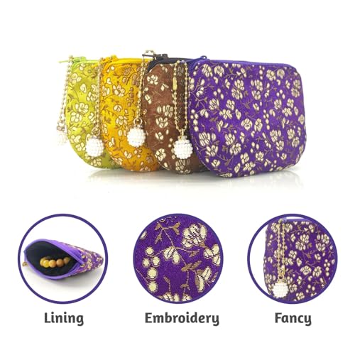 Handmade Women Coin Purse Rosary Pouch Silk Jewelry Bag Brocade Zipper Wallet - Purple - color: Purple
