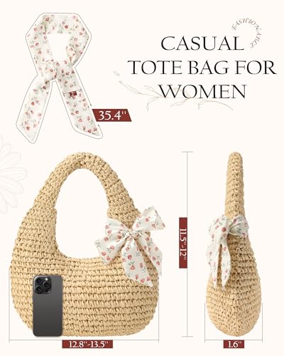 fauson Beach Bags for Women - Handmade Straw Clutch Purses for Women Handbag Zip Closure Tote Bag Lightweight - color: Beige