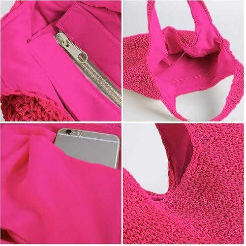 Hand-woven Soft Large Straw Shoulder Bag Boho Straw Handle Tote Retro Summer Beach Bag Rattan Handbag - color: Pink