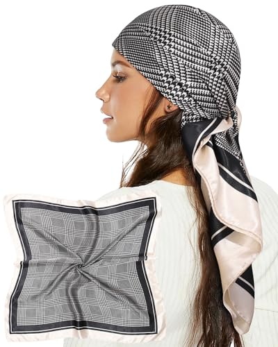 AWAYTR 35” Satin Head Scarf for Women Like Silk Scarf Hair Bandanas Women Large Square Neck Scarf Headscarf Head Wrap - color: Plaid - White + Black