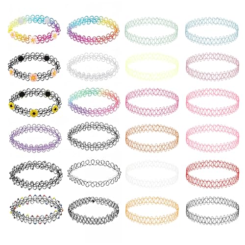 BodyJ4You 24PC Tattoo Choker Necklace - 90s Choker Necklaces Y2K Fashion Trendy Vintage - Daisy Flower Charm Colorful Rainbow Black Goth Pendant - Stretchy Elastic Necklace Summer Gift Set - color: Black, Rainbow, Purple