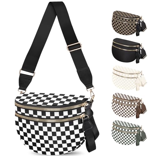Spacious Nylon Checkered Crossbody Bum Bag for Women, Fashion Checkerboard Fanny Pack Purse with Anti-theft Pocket, Adjustable Wider Strap Wasit Bag (Black-White) - color: black-white
