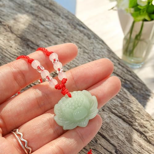 BuleVina Lotus Pendant Necklace Jade Lucky Charm with Red Cord for Men Women, Fashion Natural Green Amulet Jewelry Gifts 24 Inch Rope