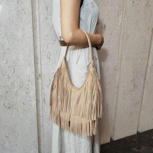 Fringe Hobo Shoulder Bag Vegan Leather Layered Tassel Women Purse Bags | layered tassel - color: Khaki