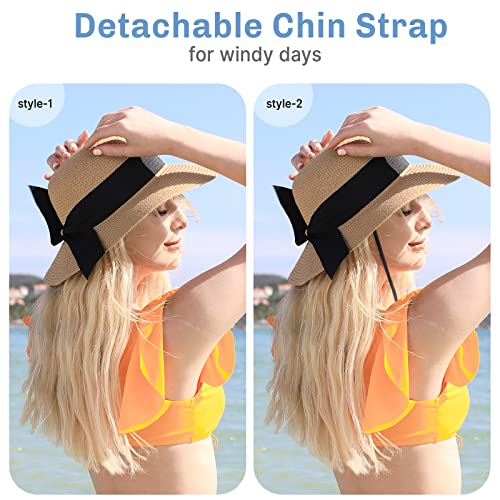 Beach Sun Straw Hats for Women, UPF 50+ UV Sun Protection Wide Brim Summer Straw Hat Foldable Packable Roll up Cap - color: C Khaki