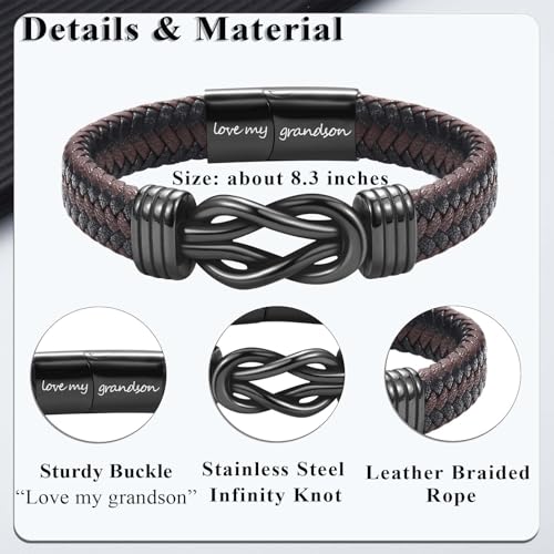 Infinity Knot Bracelet Leather Bracelet Gifts for Son Grandson Nephew Brother Dad Husband Uncle Grandpa Boyfriend, Easter Graduation Christmas Valentines Fathers Day Birthday Gifts for Boys Men Him - style: Grandson