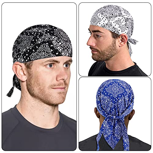 DOCILA 3 Pcs Do Rags for Men Skull Cap Bandana Hat Breathable Helmet Linner Beanie - color: Whiteblackblue
