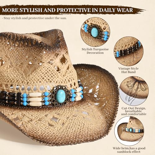 Straw Cowboy Hat for Men Womens Straw Cowgirl Hat Summer Western Cowboy Hats with Wide Brim for Cowgirls and Cowboys - color: Beige 3#