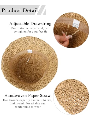 Rulala Fancy Womens Sun Hat Handmade Straw Bucket UV Protection Wide Brim Packable Travel Summer Cap for Beach UPF 50+ - color: Khaki