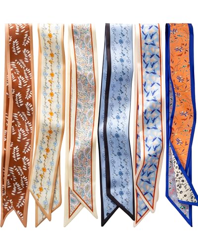 ZXZH 6 Pack Fashion Scarves for Women, Versatile Boho Head Scarf, Satin Scarf for Hair, Neck, Wrist, and Purse Accessories - color: Cognac Botanical Mix