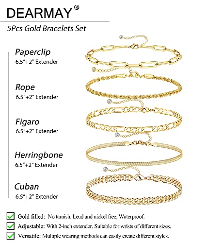 DEARMAY 14K Gold Plated Bracelets for Women, Jewelry Sets Cute Tennis Beaded Bracelets Cuban Link Paperclip Chain Dainty Bracelet Pack Gifts - color: BRACELET-C
