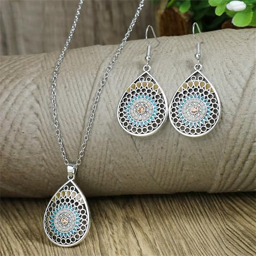 Handmade Teardrop Turquoise Earrings Necklace Set for Women Bohemia Tribal Antique Ethnic Style Earring Delicate Teardrop Gemstone Dangle Drop Statement Earrings Western Jewelry - color: Silver
