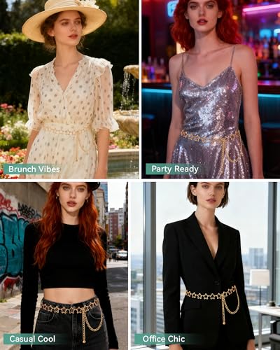 AWAYTR Cute Chain Belts for Women - Metal Waist Chain Belt for Dresses Jeans Country Concert Outfit - color: Gold-star