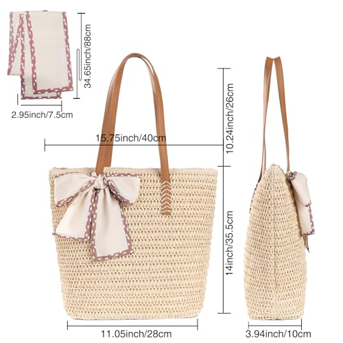 Large Straw Beach Bag: Women's Handwoven Tote with Zipper Pocket - Lightweight Summer Purse for Travel & Work - color: Beige