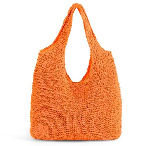 Hand-woven Soft Large Straw Shoulder Bag Boho Straw Handle Tote Retro Summer Beach Bag Rattan Handbag - color: Orange